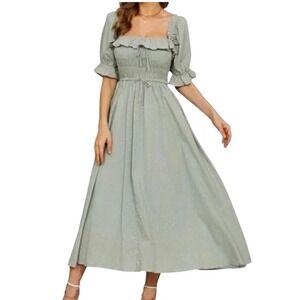 R.YIPOSHA Mint Green Swiss Dot Smocked Puff Sleeve Midi Dress  Size L 12/14